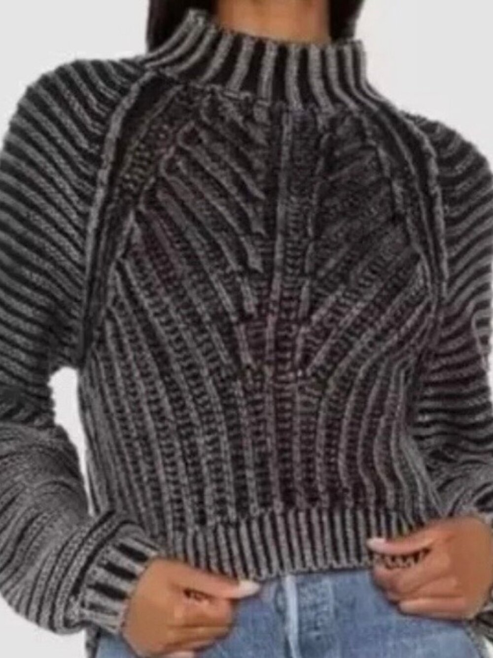 Free People Women's Chunky Knit Mock Neck Sweater, Gray Charcoal, Size M